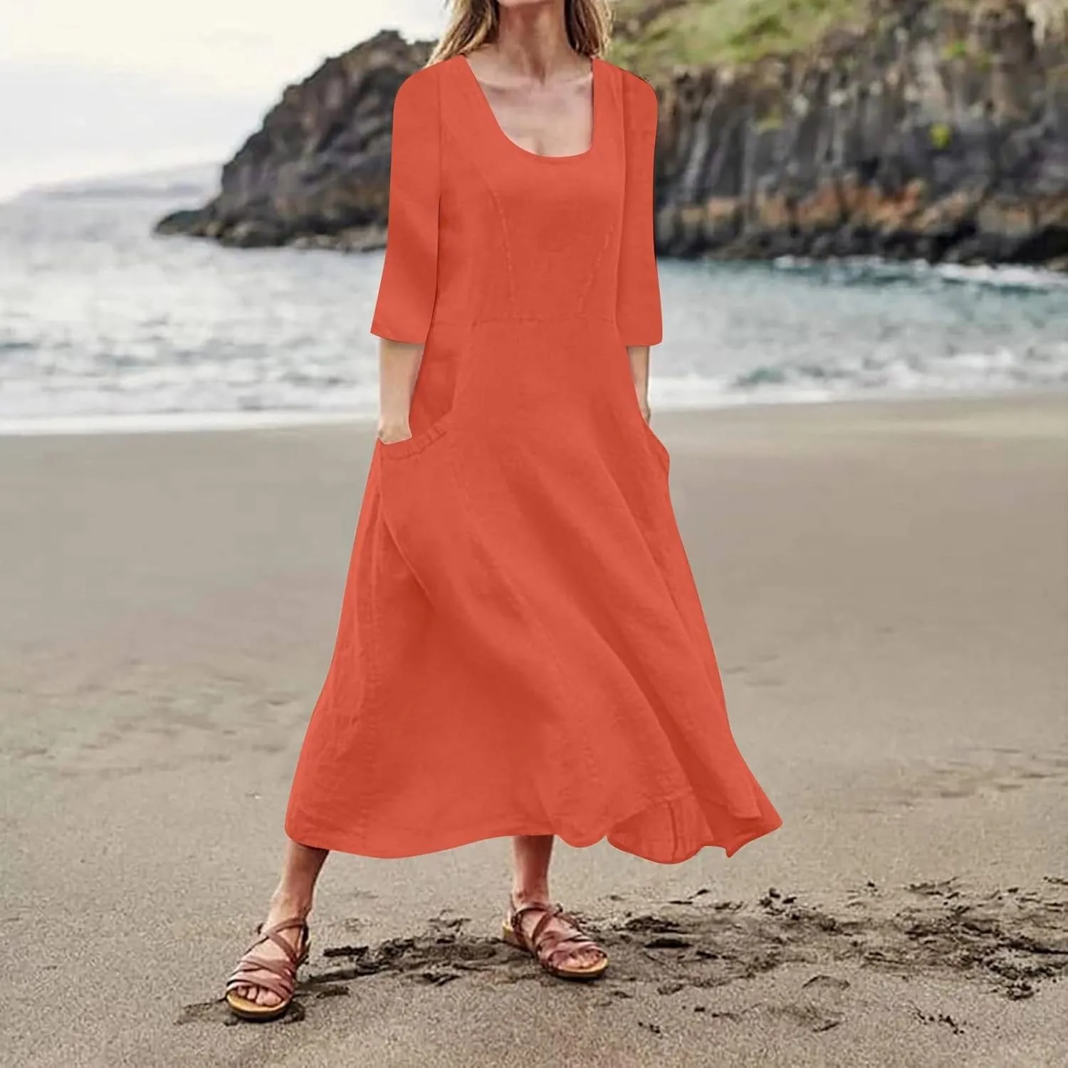 Midi Dresses for Women 3/4 Sleeve Plus Size Maxi Dress with Pockets Elegant Casual Modest Scoop Neck Flowy Summer Dress