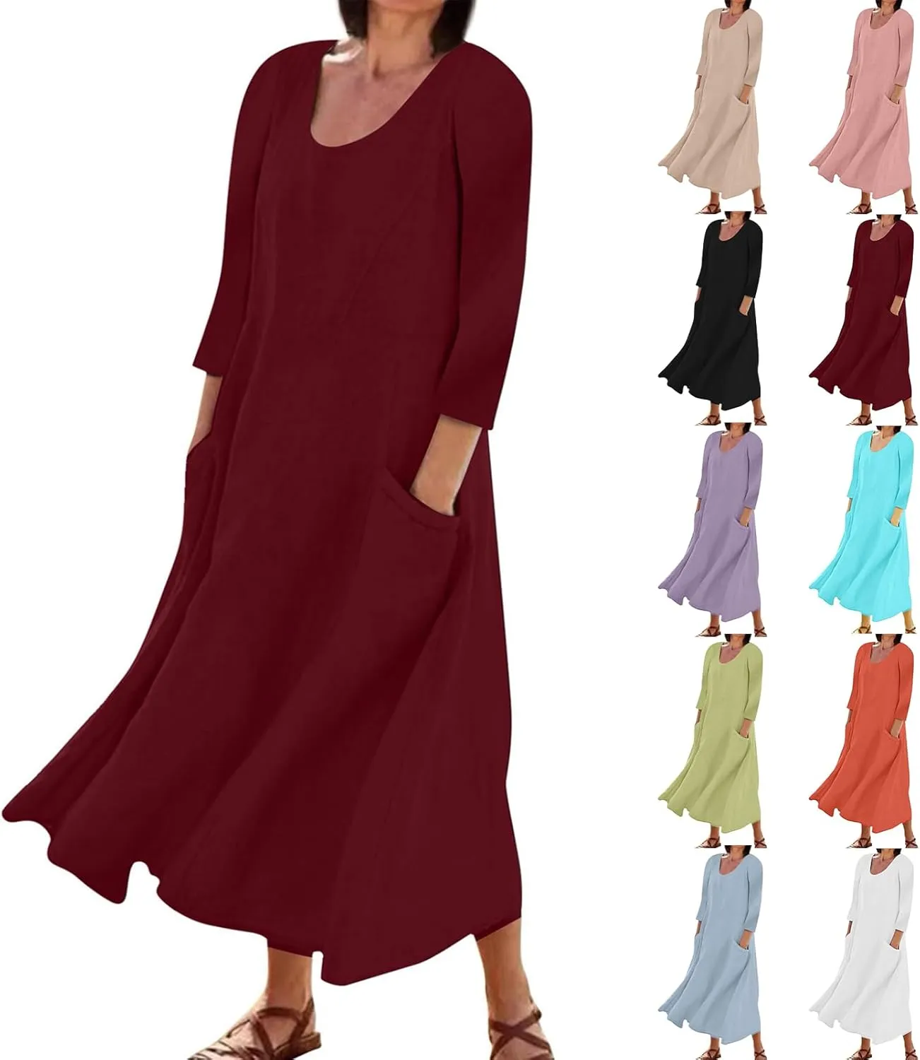 Midi Dresses for Women 3/4 Sleeve Plus Size Maxi Dress with Pockets Elegant Casual Modest Scoop Neck Flowy Summer Dress