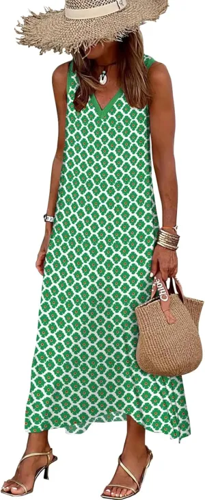 miduo Womens Casual Summer V Neck Sleeveless Floral Printed Beach Split Maxi Dress Sundress