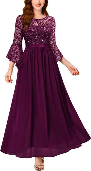 Miusol Women's Formal Sparkle Sequin Lace Bell Sleeve Evening Party Maxi Dress