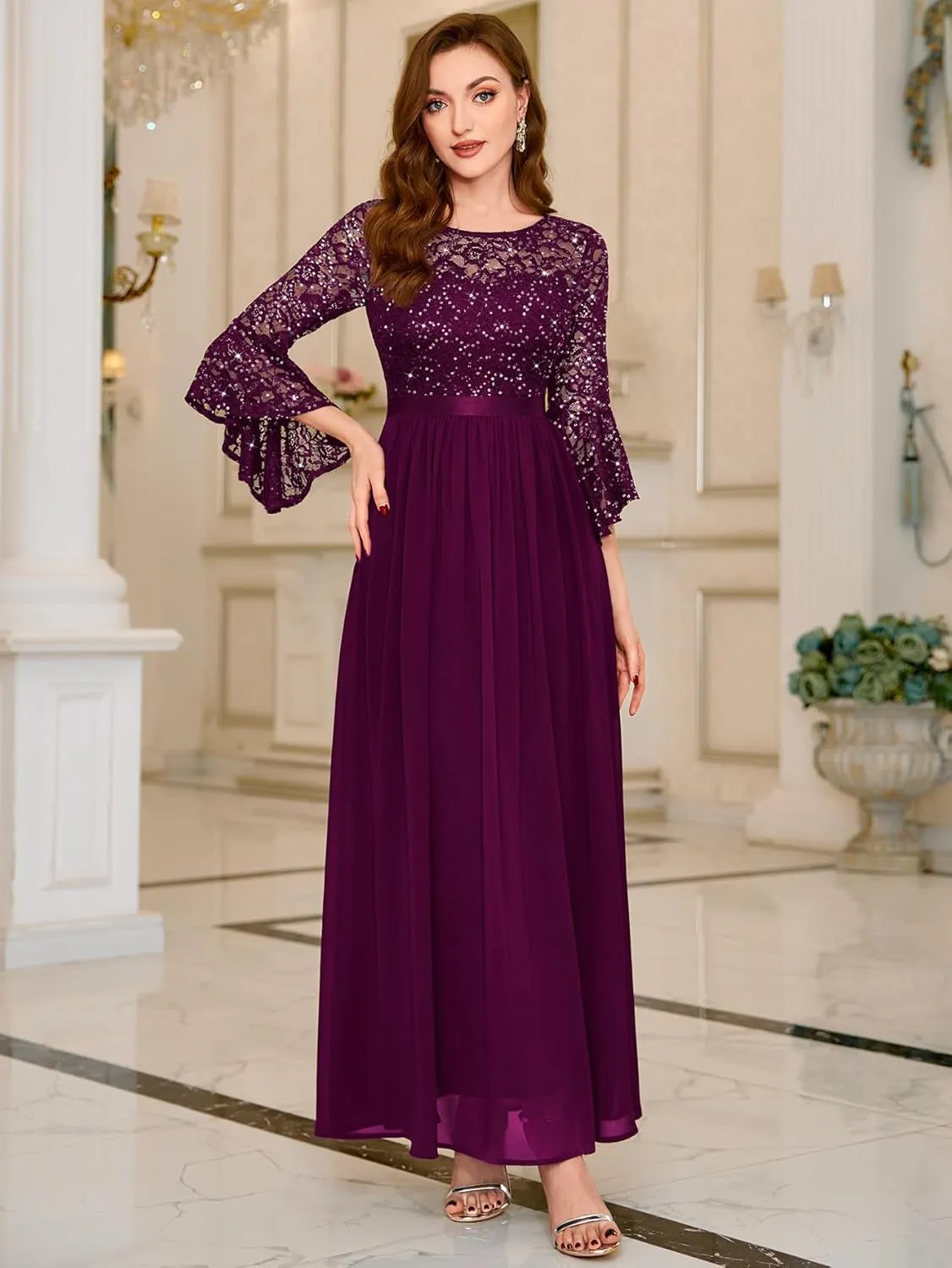 Miusol Women's Formal Sparkle Sequin Lace Bell Sleeve Evening Party Maxi Dress