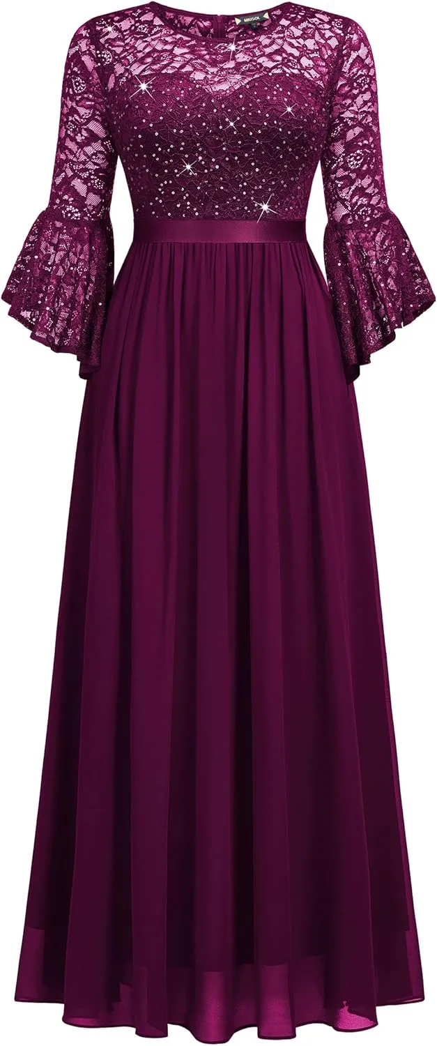 Miusol Women's Formal Sparkle Sequin Lace Bell Sleeve Evening Party Maxi Dress