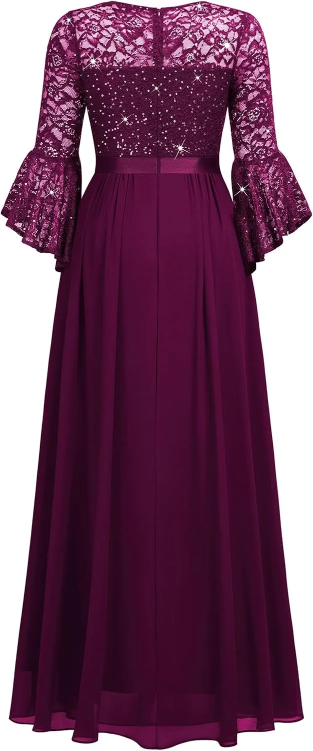 Miusol Women's Formal Sparkle Sequin Lace Bell Sleeve Evening Party Maxi Dress