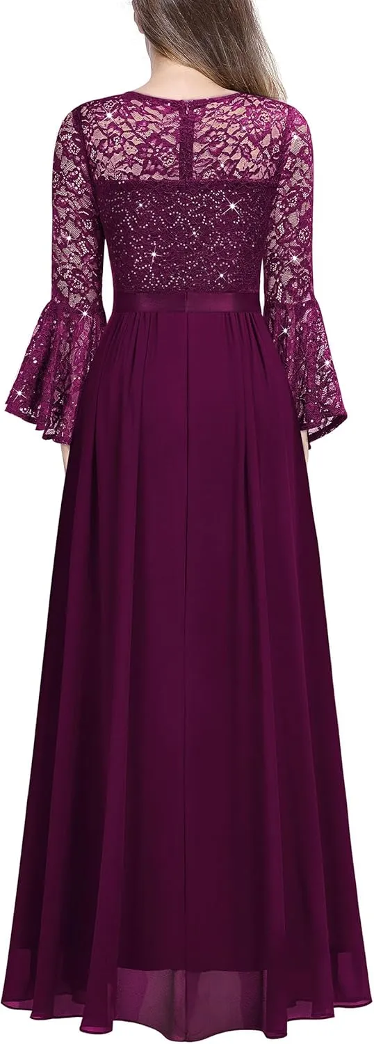 Miusol Women's Formal Sparkle Sequin Lace Bell Sleeve Evening Party Maxi Dress