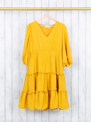 Mom Mustard Swiss Dot Ruffle Dress