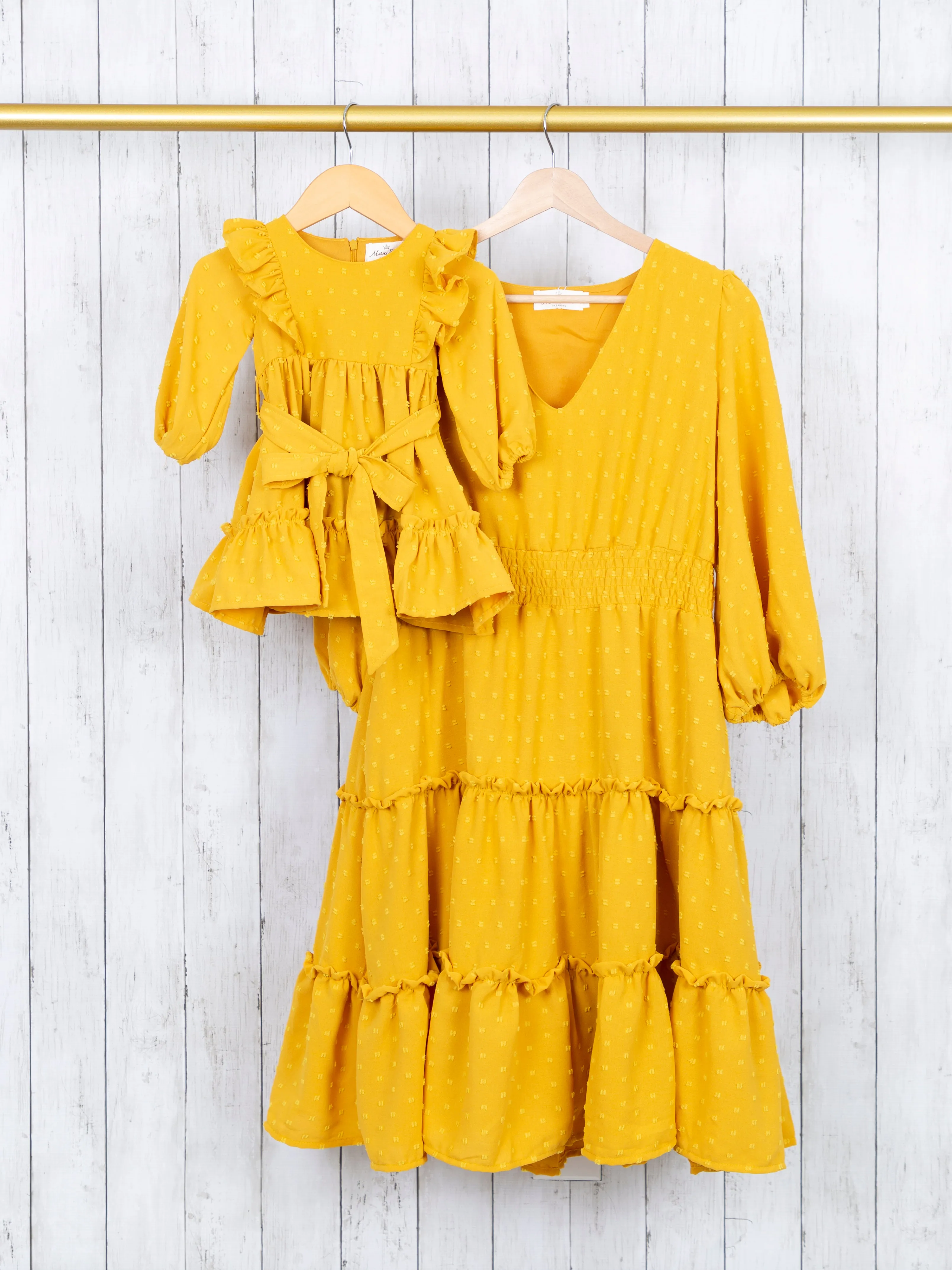 Mom Mustard Swiss Dot Ruffle Dress