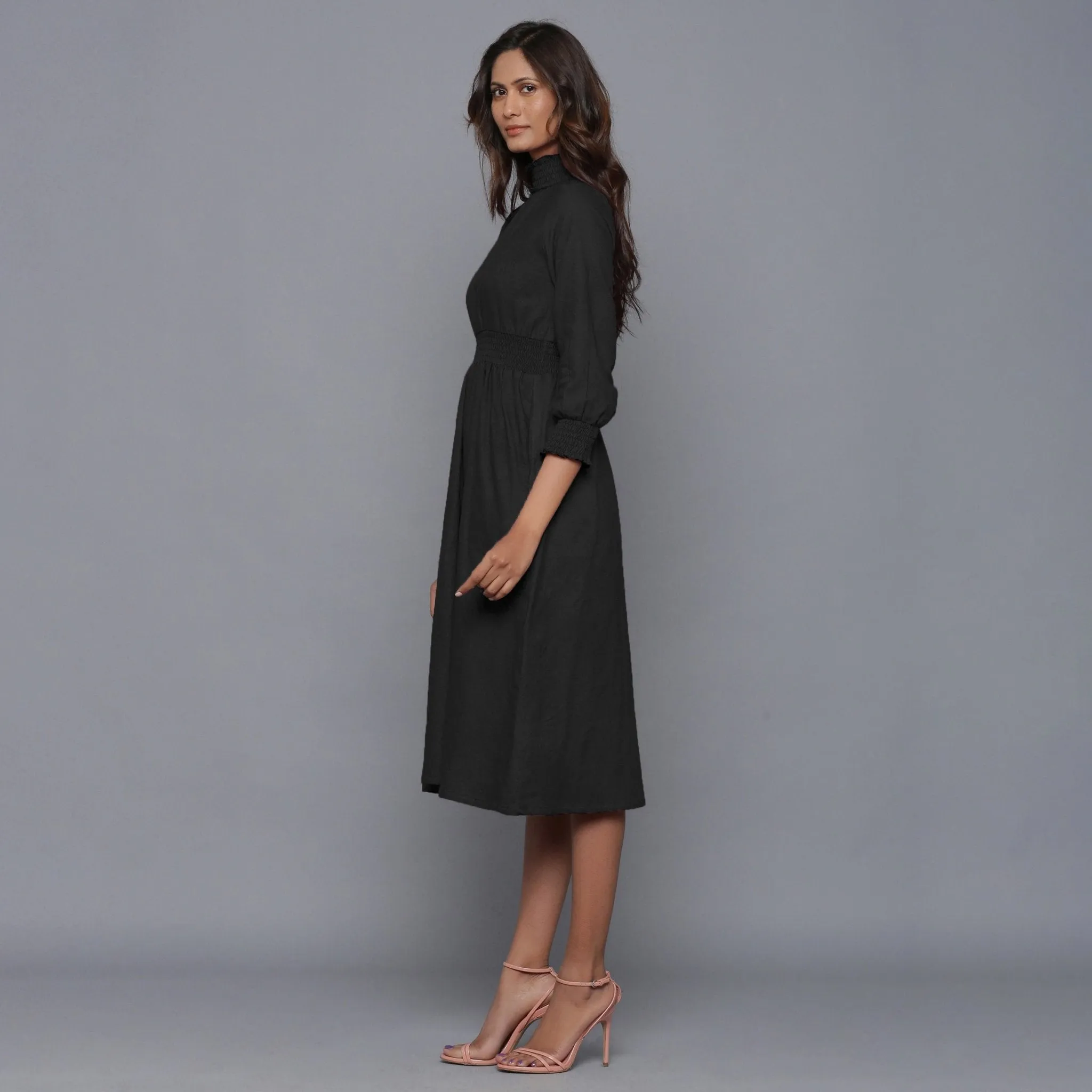 Moonlight Black Warm Cotton Flannel High Neck Midi Dress