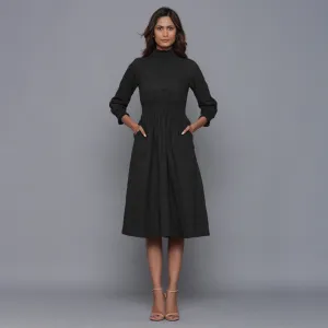 Moonlight Black Warm Cotton Flannel High Neck Midi Dress