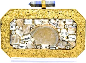 Mother of Pearl Embellished Gold Clutch with Gemstone Top Handle | Designer Brass Evening Bag with Pearl Chain & Velvet Lining | Elegant Party Purse for Women