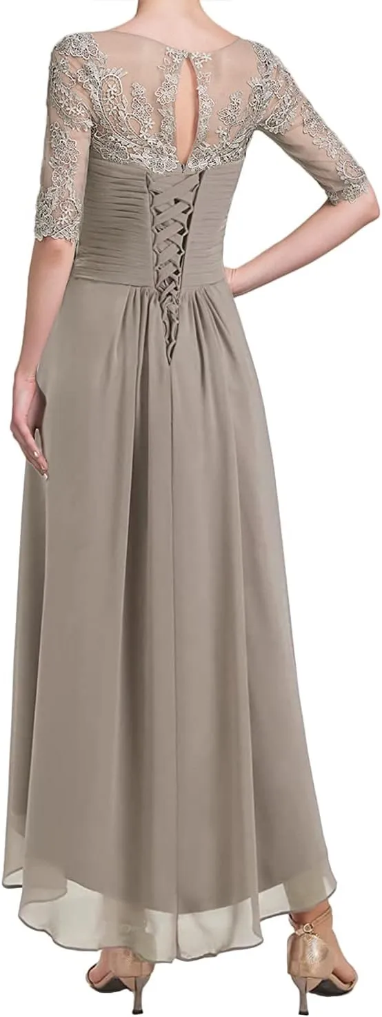 Mother of The Bride Dress A Line Chiffon Lace Mother of The Bride Dresses Tea Length Evening Gown with Sleeves