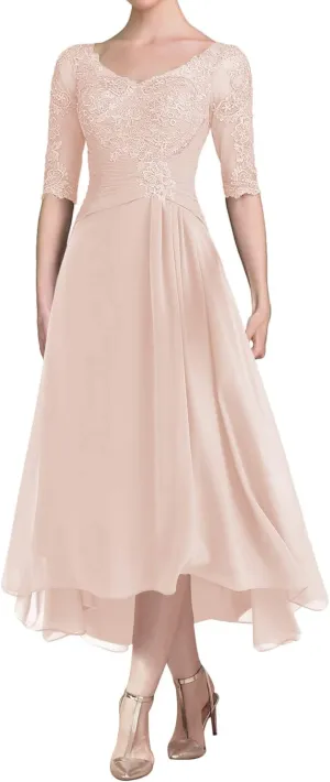 Mother of The Bride Dress A Line Chiffon Lace Mother of The Bride Dresses Tea Length Evening Gown with Sleeves