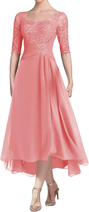 Mother of The Bride Dress A Line Chiffon Lace Mother of The Bride Dresses Tea Length Evening Gown with Sleeves