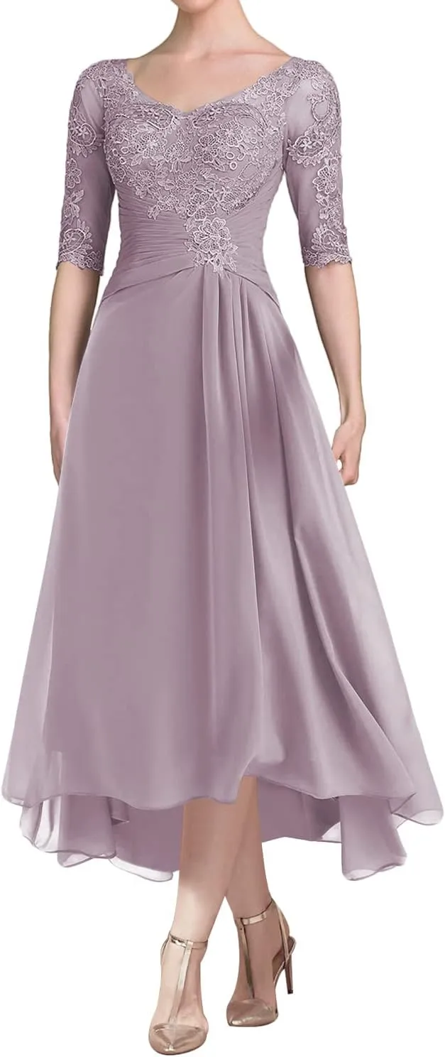 Mother of The Bride Dress A Line Chiffon Lace Mother of The Bride Dresses Tea Length Evening Gown with Sleeves