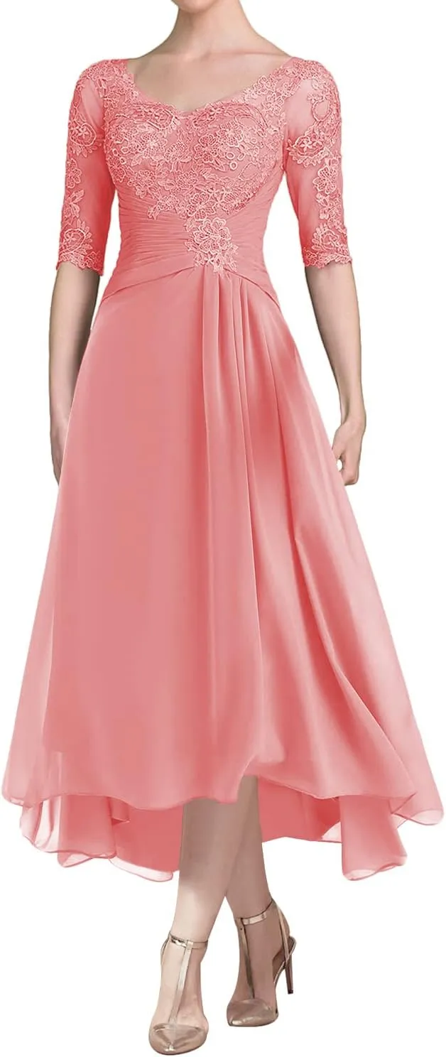 Mother of The Bride Dress A Line Chiffon Lace Mother of The Bride Dresses Tea Length Evening Gown with Sleeves