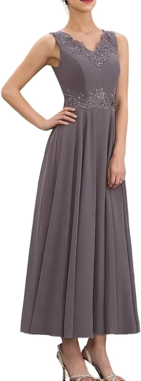 Mother of The Bride Dress with Jacket for Weddinng Women Ankle-Length Chiffon Lace Appliques Evening Party Gown