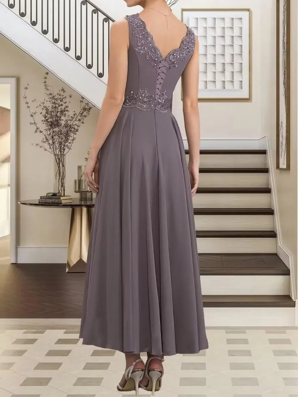 Mother of The Bride Dress with Jacket for Weddinng Women Ankle-Length Chiffon Lace Appliques Evening Party Gown