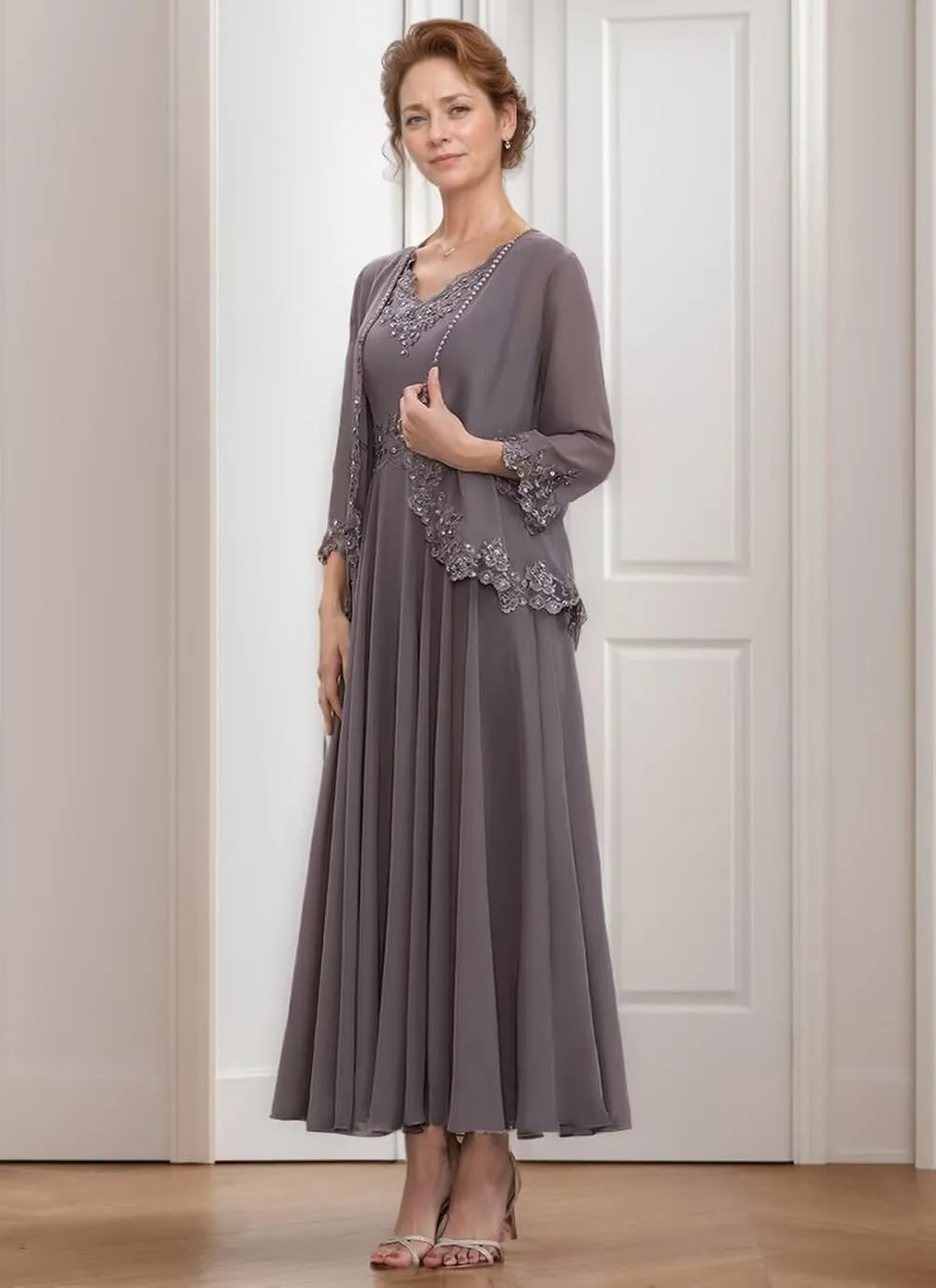 Mother of The Bride Dress with Jacket for Weddinng Women Ankle-Length Chiffon Lace Appliques Evening Party Gown