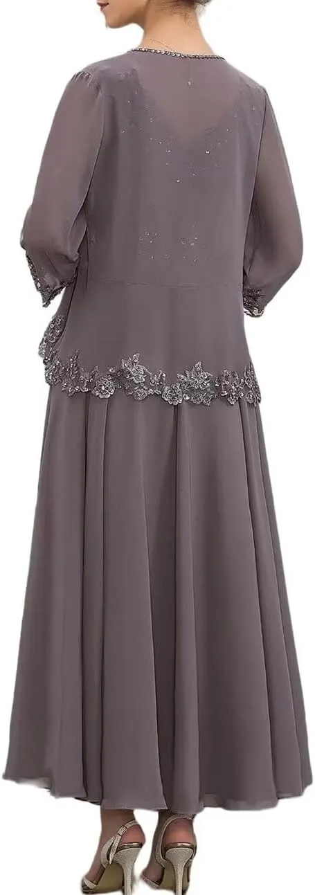Mother of The Bride Dress with Jacket for Weddinng Women Ankle-Length Chiffon Lace Appliques Evening Party Gown