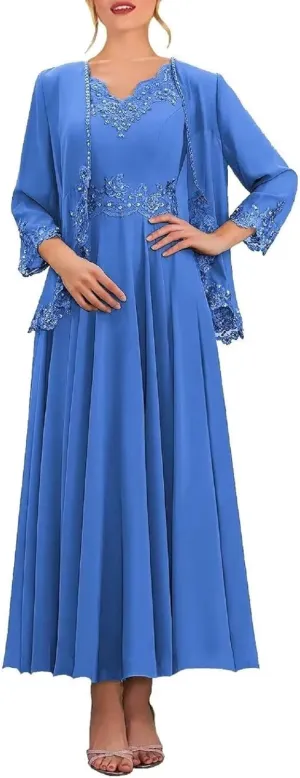 Mother of The Bride Dress with Jacket for Weddinng Women Ankle-Length Chiffon Lace Appliques Evening Party Gown
