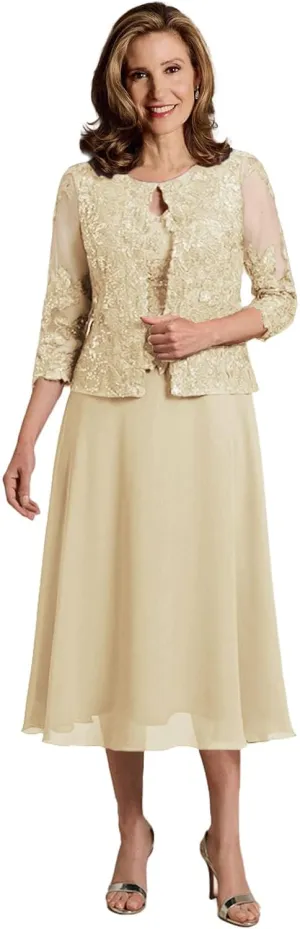 Mother of The Bride Dresses 2 Pieces Lace Appliques Tea Length Chiffon Formal Evening Gowns with Jacket