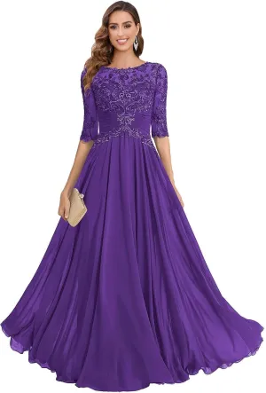 Mother of The Bride Dresses Chiffon Women's Lace Applique Wedding Dress V-Neck Half Sleeveless Formal Evening Gowns
