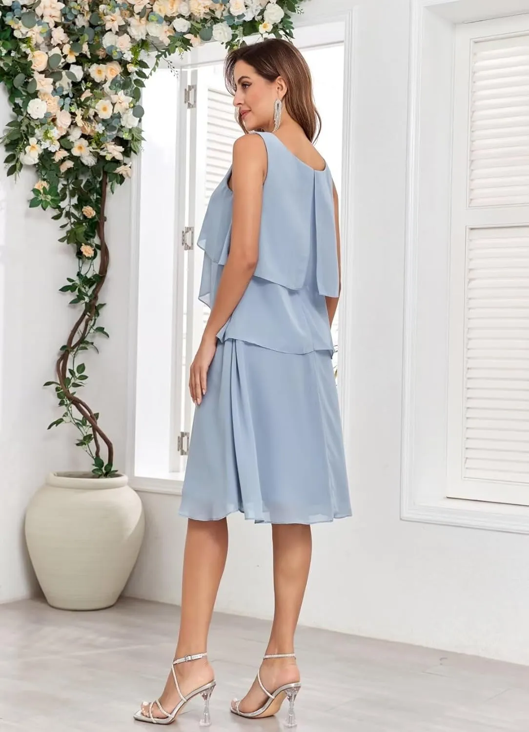 Mother of The Bride Dresses for Wedding 2 Piece Tiered Beaded Chiffon Knee Length Formal Evening Gowns with Jacket