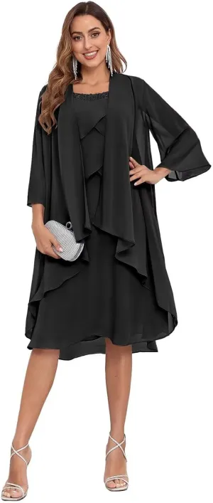 Mother of The Bride Dresses for Wedding 2 Piece Tiered Beaded Chiffon Knee Length Formal Evening Gowns with Jacket