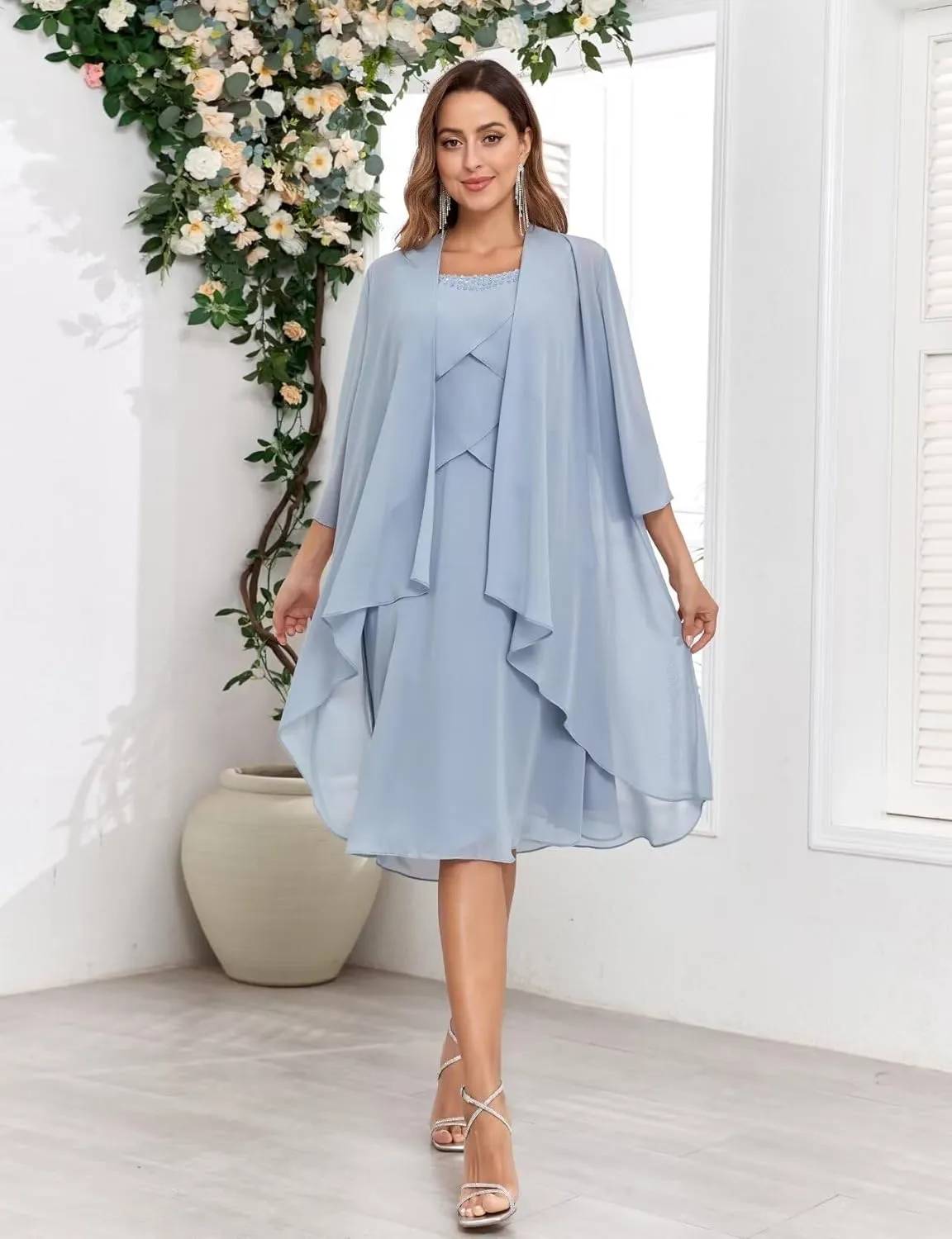 Mother of The Bride Dresses for Wedding 2 Piece Tiered Beaded Chiffon Knee Length Formal Evening Gowns with Jacket