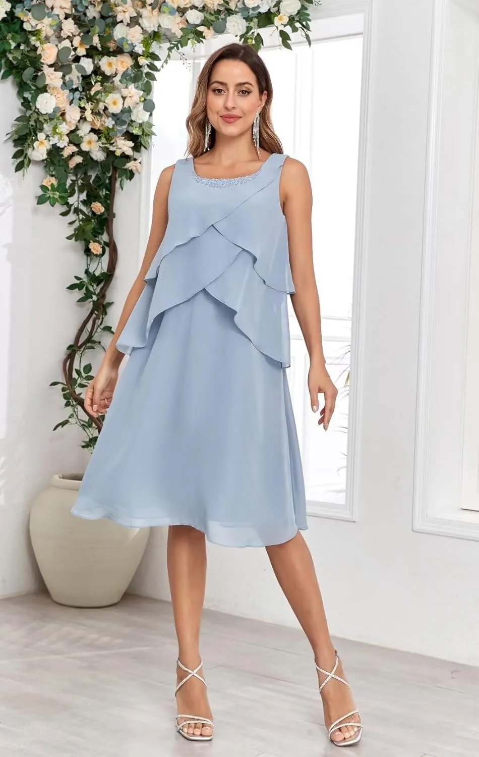 Mother of The Bride Dresses for Wedding 2 Piece Tiered Beaded Chiffon Knee Length Formal Evening Gowns with Jacket