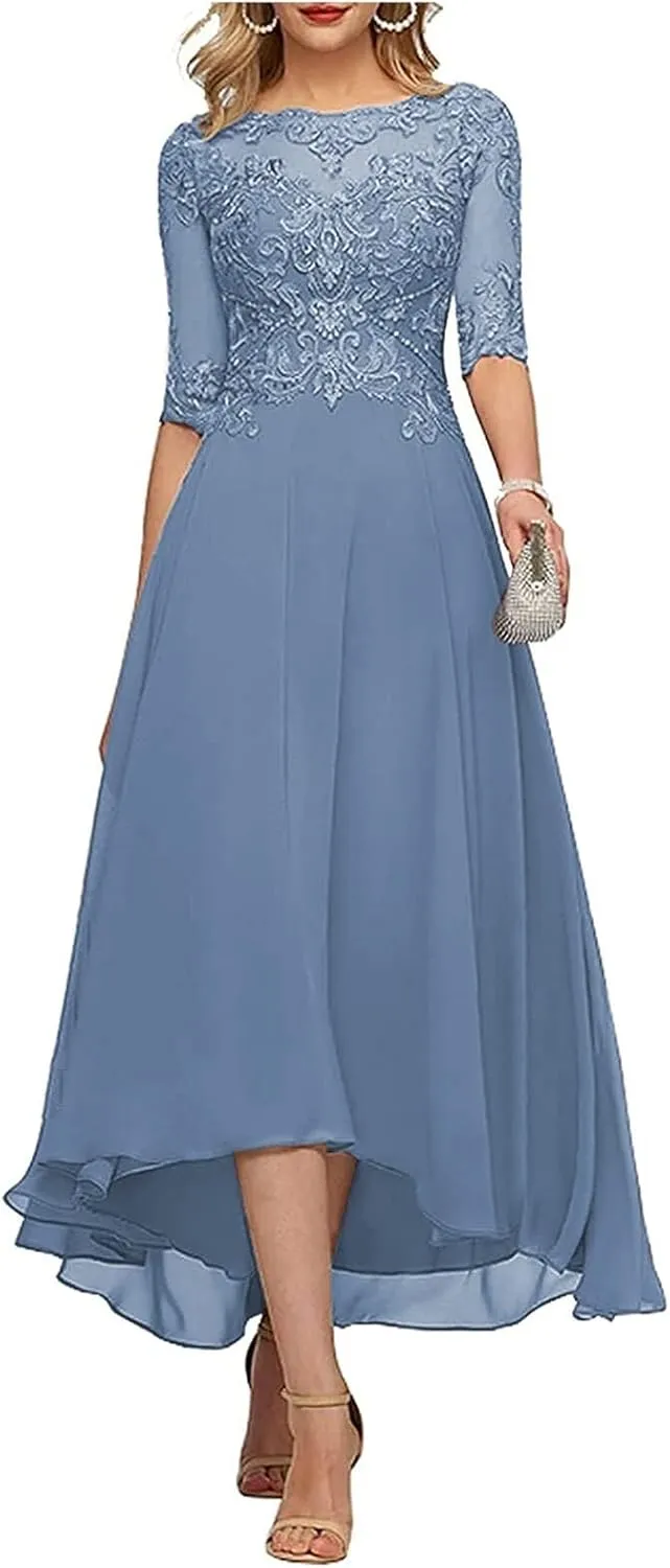 Mother of The Bride Dresses for Wedding Guest Tea Length Chiffon Lace Appliques Mother of The Groom Dress