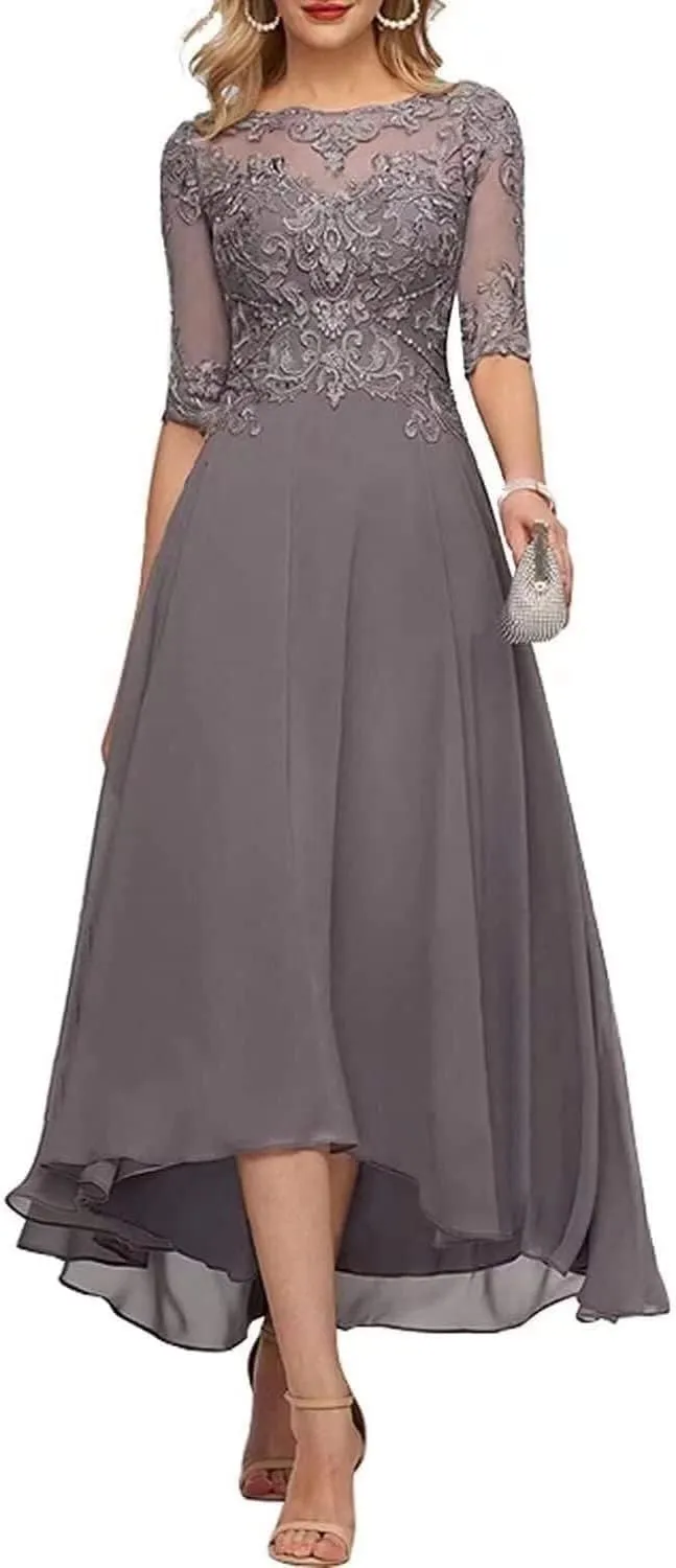 Mother of The Bride Dresses for Wedding Guest Tea Length Chiffon Lace Appliques Mother of The Groom Dress