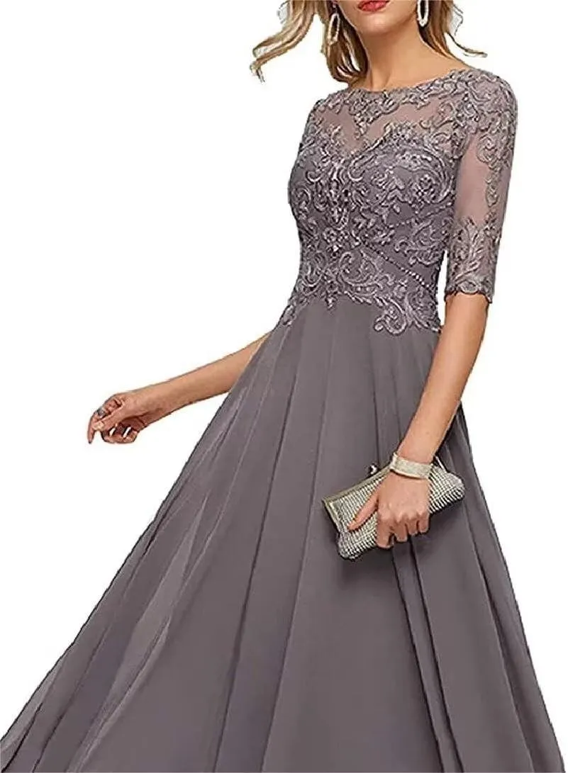 Mother of The Bride Dresses for Wedding Guest Tea Length Chiffon Lace Appliques Mother of The Groom Dress