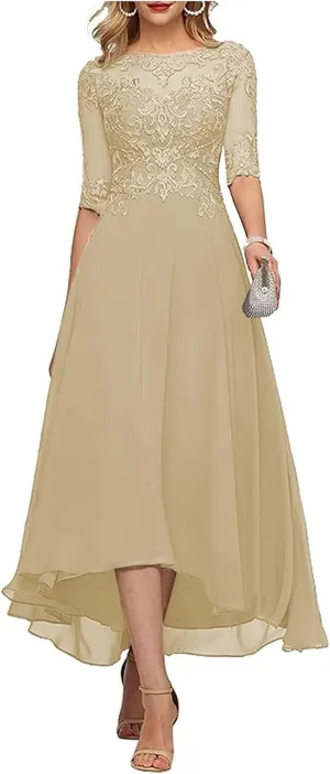 Mother of The Bride Dresses for Wedding Guest Tea Length Chiffon Lace Appliques Mother of The Groom Dress