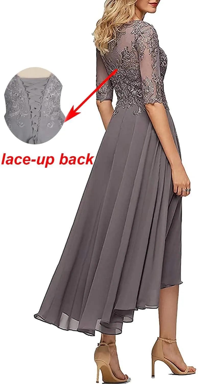 Mother of The Bride Dresses for Wedding Guest Tea Length Chiffon Lace Appliques Mother of The Groom Dress