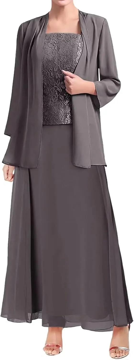 Mother of The Bride Dresses for Wedding Long Sleeve Chiffon Wedding Guest Formal Party Gown with Jackets