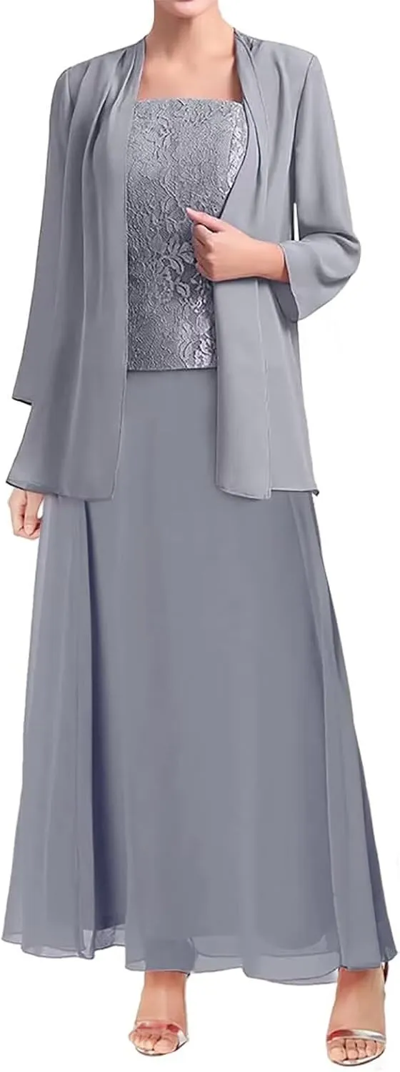 Mother of The Bride Dresses for Wedding Long Sleeve Chiffon Wedding Guest Formal Party Gown with Jackets