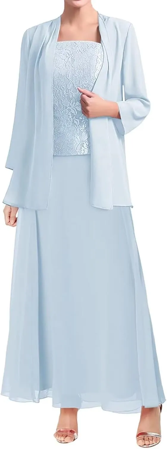 Mother of The Bride Dresses for Wedding Long Sleeve Chiffon Wedding Guest Formal Party Gown with Jackets