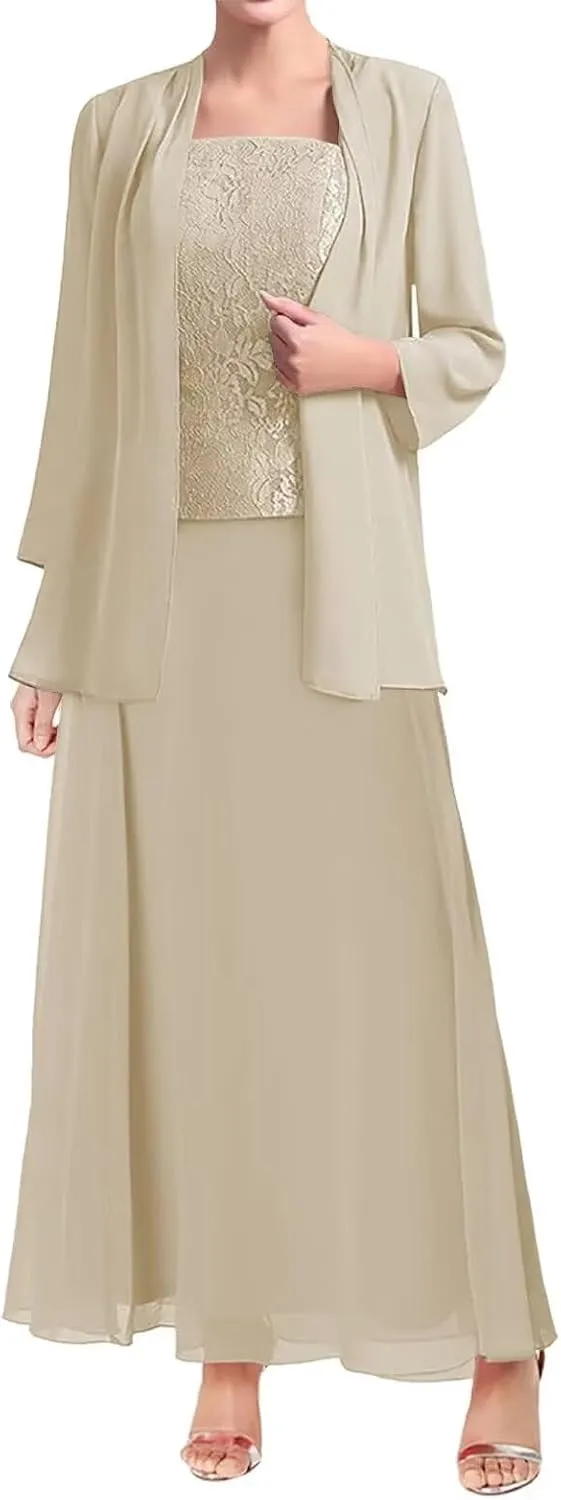 Mother of The Bride Dresses for Wedding Long Sleeve Chiffon Wedding Guest Formal Party Gown with Jackets