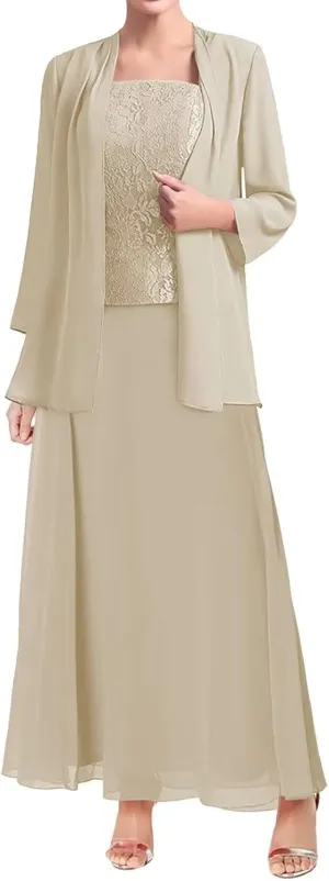 Mother of The Bride Dresses for Wedding Long Sleeve Chiffon Wedding Guest Formal Party Gown with Jackets