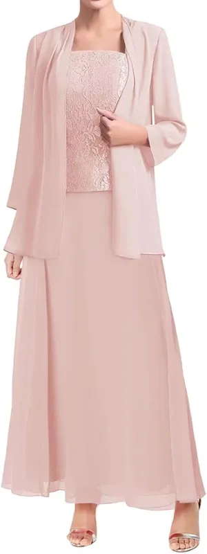 Mother of The Bride Dresses for Wedding Long Sleeve Chiffon Wedding Guest Formal Party Gown with Jackets
