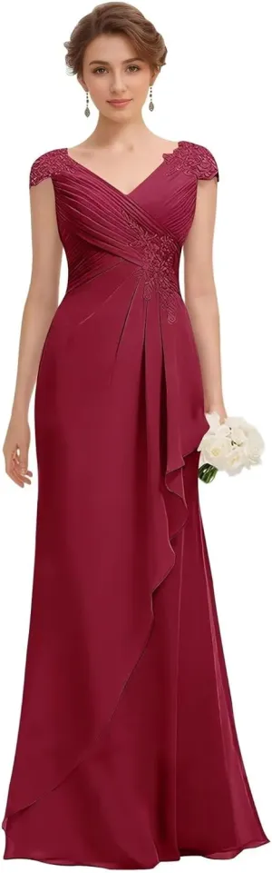 Mother of The Bride Dresses Lace Mermaid Formal Evening Dress Pleated Chiffon Formal Dress Cap Sleeves