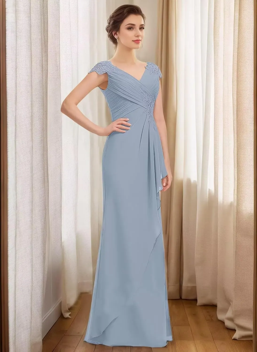 Mother of The Bride Dresses Lace Mermaid Formal Evening Dress Pleated Chiffon Formal Dress Cap Sleeves