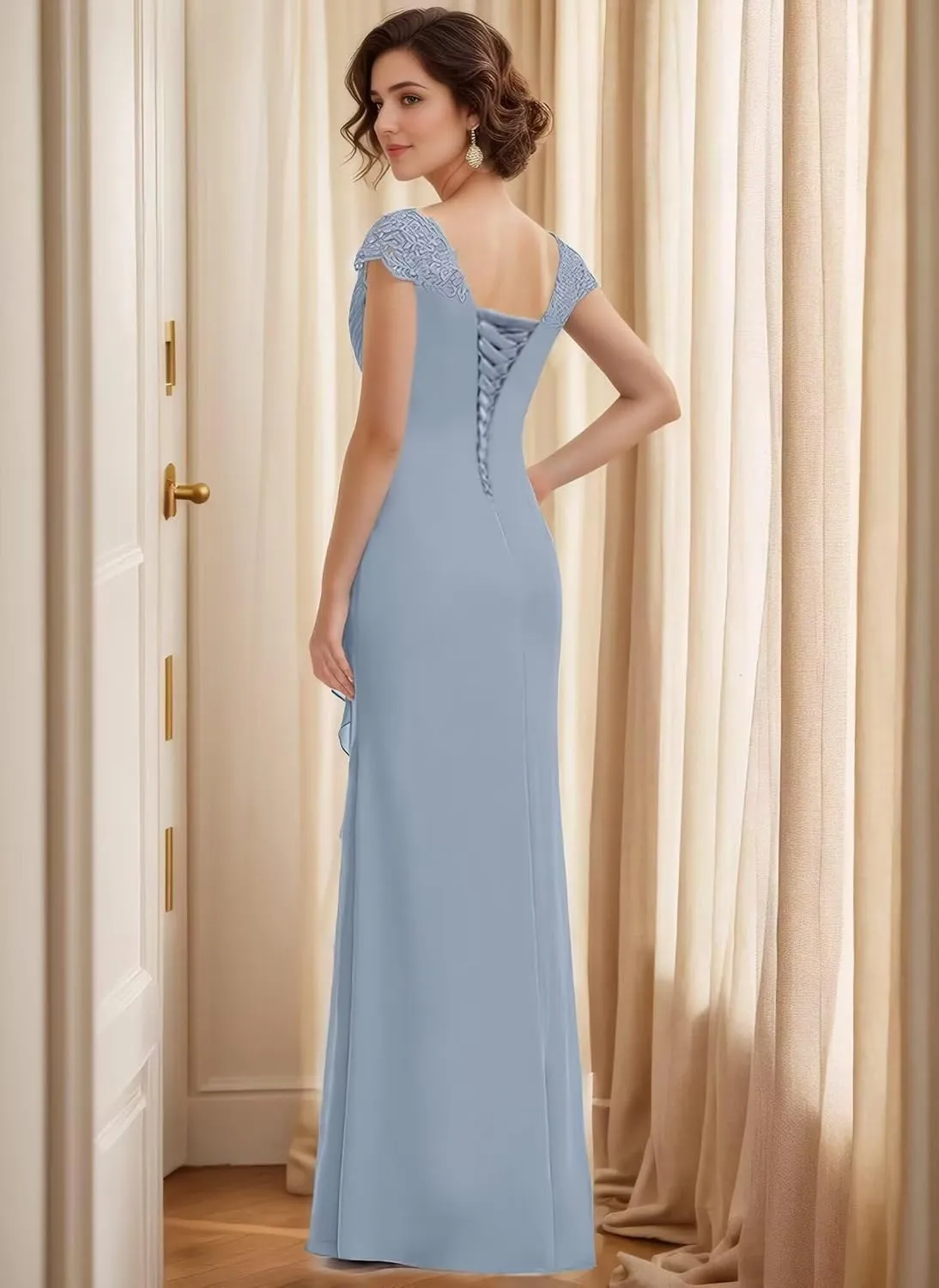 Mother of The Bride Dresses Lace Mermaid Formal Evening Dress Pleated Chiffon Formal Dress Cap Sleeves