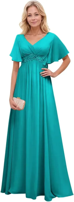 Mother of The Bride Dresses with Short Sleeves Chiffon Formal Evening Dress Long Lace Appliques Wedding Guest Dresses