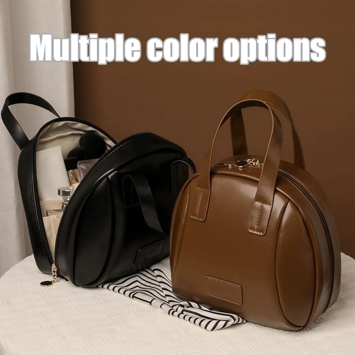 Multi Layered Shell Shaped Cosmetic Bag, Portable Multi-layered Cosmetic Bag, Large Capacity Makeup Bag with Compartments, Waterproof Leather Toiletry Bag with Handle for Women Traveling (Coffee)