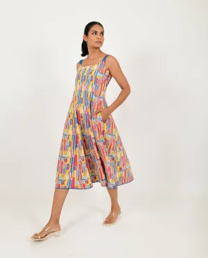 Multicolor Block Printed Linen Dress