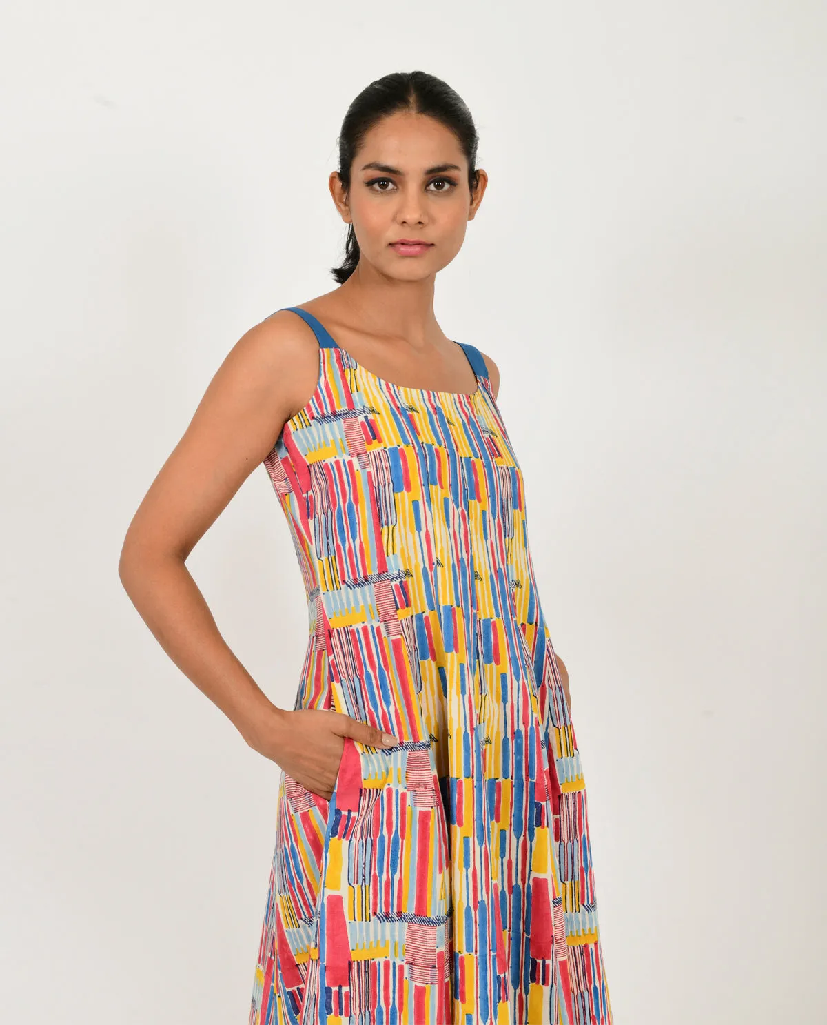 Multicolor Block Printed Linen Dress