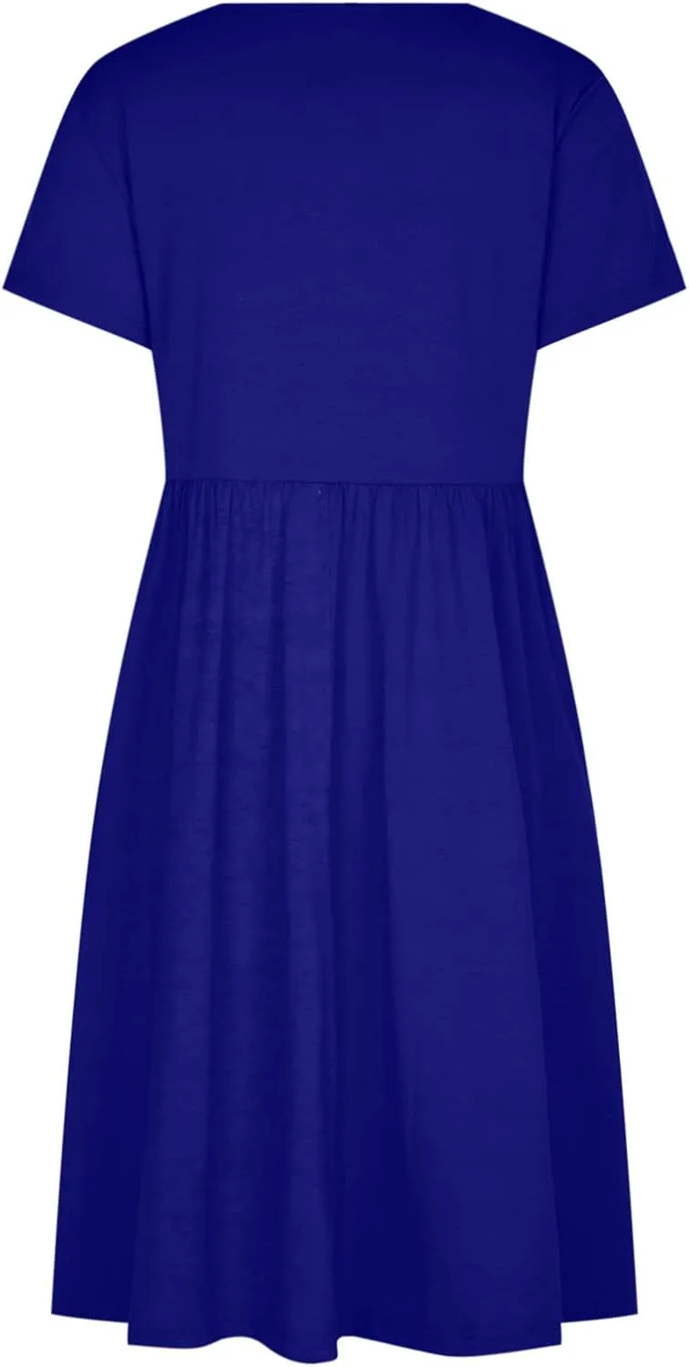 NaRHbrg Women's Midi Dress Casual Loose Fit Short Sleeve T-Shirt Dresses with Pockets Summer Flowy Beach Dress Soft Outfit