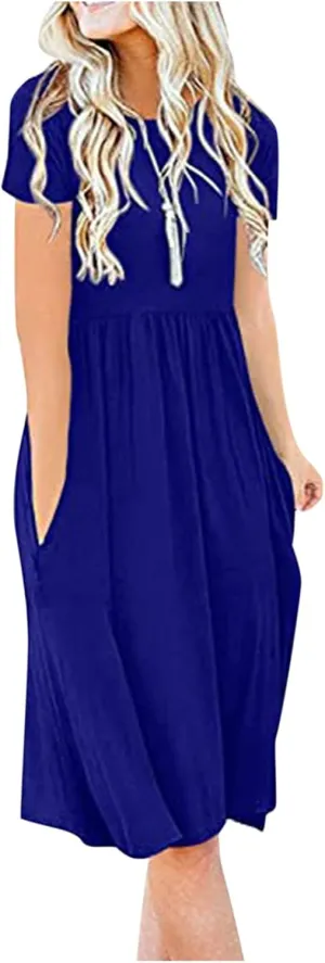 NaRHbrg Women's Midi Dress Casual Loose Fit Short Sleeve T-Shirt Dresses with Pockets Summer Flowy Beach Dress Soft Outfit