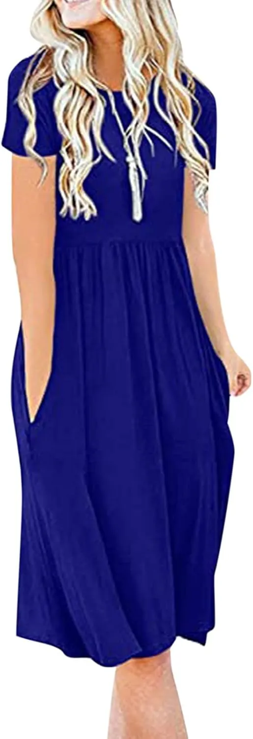 NaRHbrg Women's Midi Dress Casual Loose Fit Short Sleeve T-Shirt Dresses with Pockets Summer Flowy Beach Dress Soft Outfit